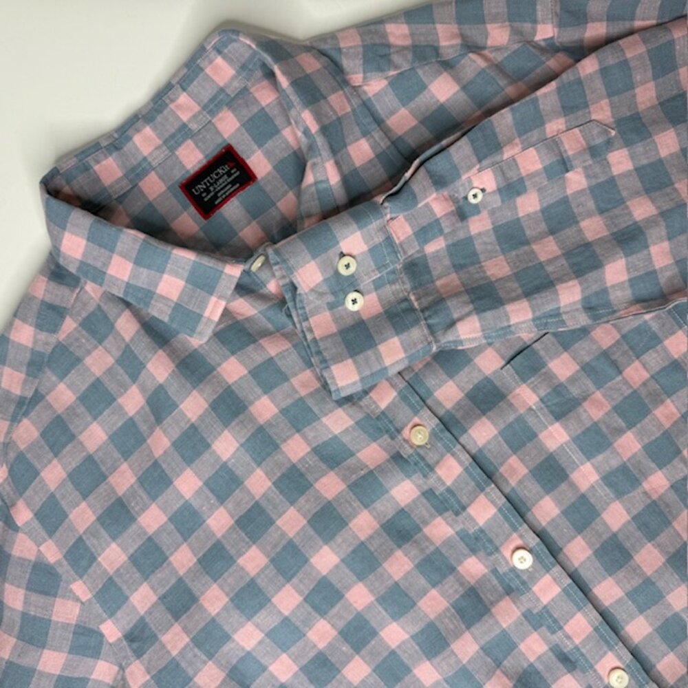 UNTUCKit Sutton WR Men's  XLarge Linen Button Up Shirt Blue Pink Check Slim Fit
